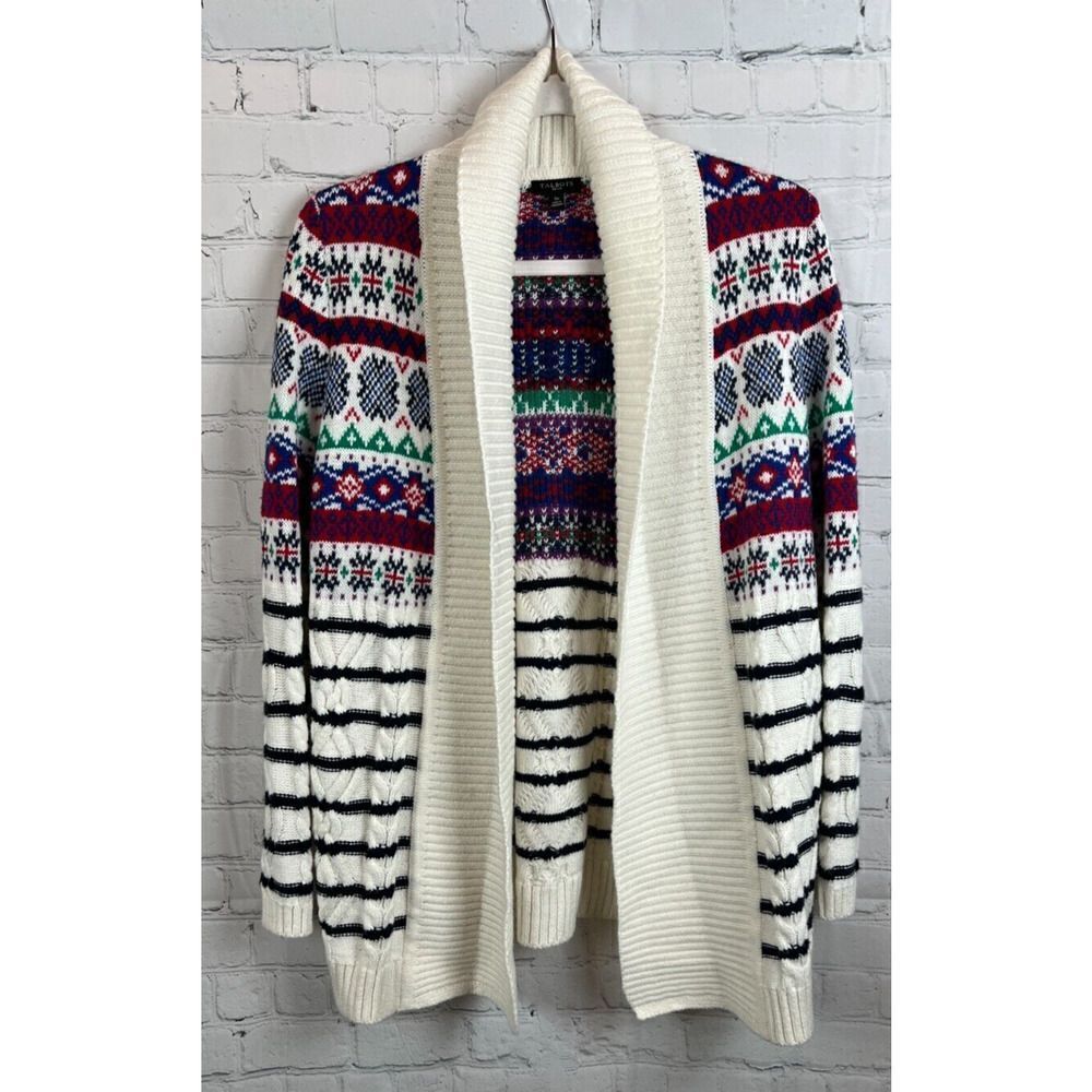 TALBOTS PETITE white multicolor cotton blend aztec southwest knit cardigan SP